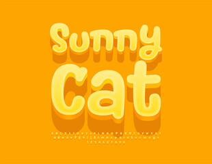 Vector playful logo Sunny Cat. Funny Yellow Font. Yellow 3D Alphabet Letters and Numbers set.