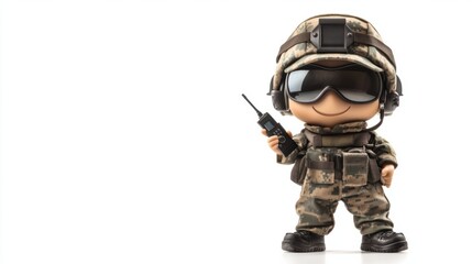 Fototapeta premium Adorable military character in camouflage gear, holding a tiny walkie-talkie, isolated on a clean white background.