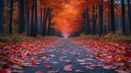 Serene autumn pathway lined with vibrant orange and red foliage.