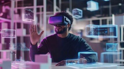 A virtual reality designer explores innovative concepts in a modern studio with floating 3D objects and a VR headset. Generative AI
