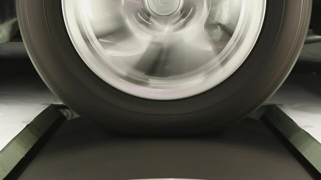 Close-up of spinning vehicle wheel with motion blur of rim and tire during high-speed testing. Measure energy and dynamics performance against rotational friction roller in lab