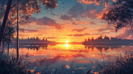 Sunset Symphonies and Reflective Melodies by the Lake. Sunset anime lake with golden hour view
