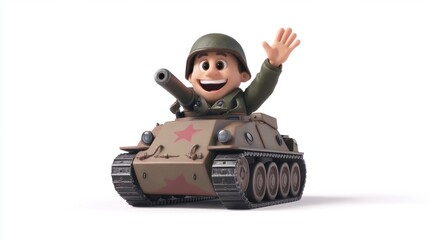 Fototapeta premium Cartoon soldier character in a tiny tank, waving with excitement, isolated on a white background, looking cheerful.