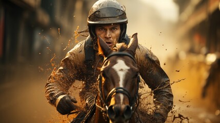 Fototapeta premium A man participates in a horse racing.