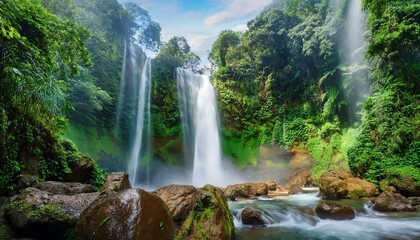 Fototapeta premium A powerful waterfall cascading down a rocky cliff, surrounded by lush tropical foliage. Mist rises from the water, creating a sense of freshness and movement in the dense jungle.