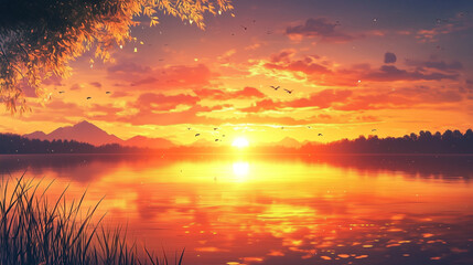 Obraz premium Sunset Symphonies and Reflective Melodies by the Lake. Sunset anime lake with golden hour view 
