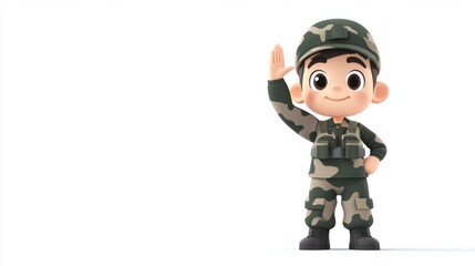 Cheerful military cartoon character saluting in full camouflage gear, isolated on a clean white background.