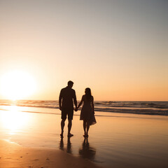 Fototapeta premium Couple holding hands walking on the beach during sunset