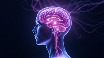 Generative AI, a human head with a glowing brain in the middle of it's head and a glowing light coming from the brain, facial muscles, a stock photo, neoplasticism
