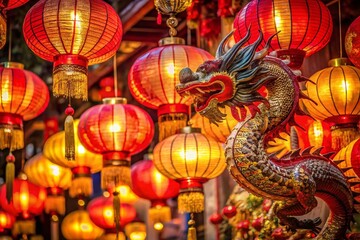 Vibrant red and gold lanterns, festive decorations, and intricately designed dragons adorn a richly colored background,