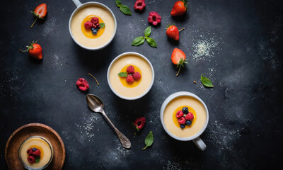 Three bowls of creamy custard topped with fresh raspberries and blueberries sit on a dark countertop