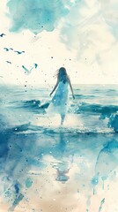 Woman in dress and hat gazing at the sea, painted in soft watercolor style.