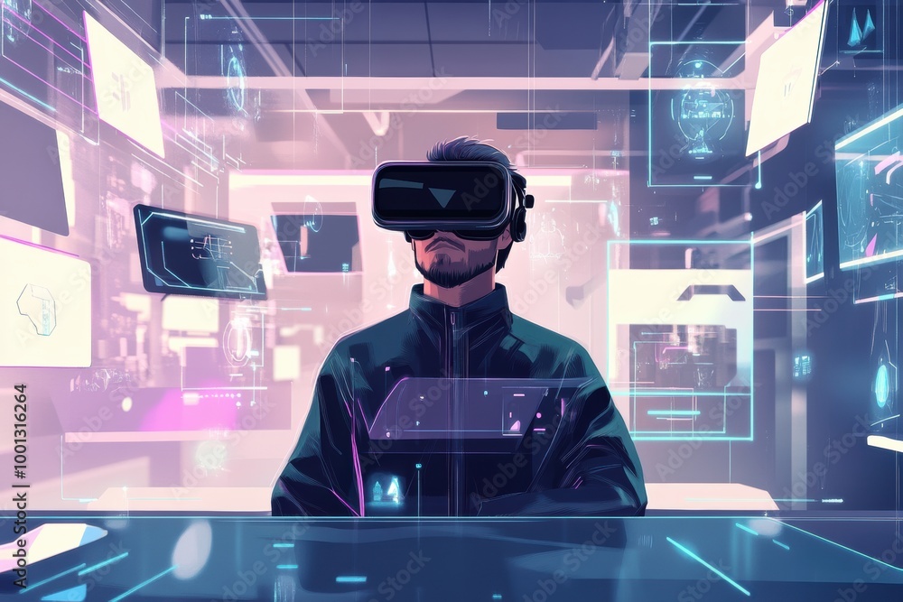 Fototapete a virtual reality designer engaged in 3d modeling in a modern studio filled with floating digital ob