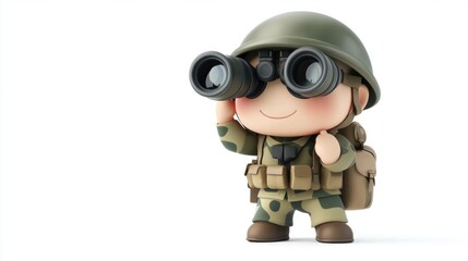 Cute military cartoon character with a helmet, binoculars, and a tiny backpack, ready for action, isolated on white.