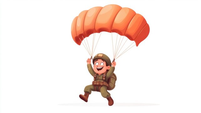 Cute military cartoon character parachuting with a big smile, holding the parachute strings, isolated on a white background.