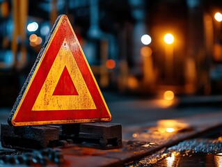 A safety warning triangle sign illuminated by artificial light at a construction site, highlighting the importance of awareness in industrial areas.
