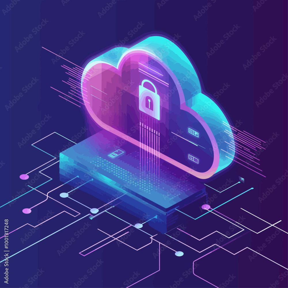 Poster cloud security data encryption isometric illustration