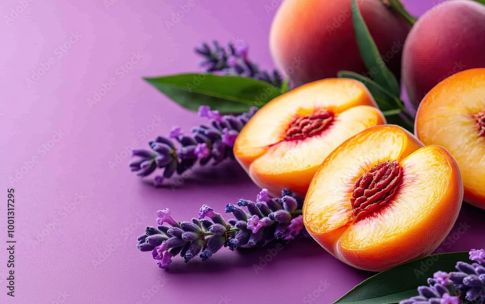 Wall mural fresh peaches sliced to reveal their juicy interior, accompanied by fragrant lavender flowers on a v