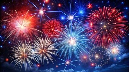 Vibrant red, white, and blue fireworks explosion on a dark night sky with glittering stars, perfect for patriotic