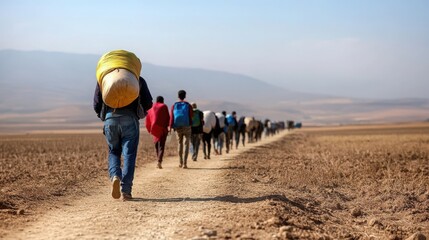 People walking along a dusty path in a barren landscape, hope on the horizon.