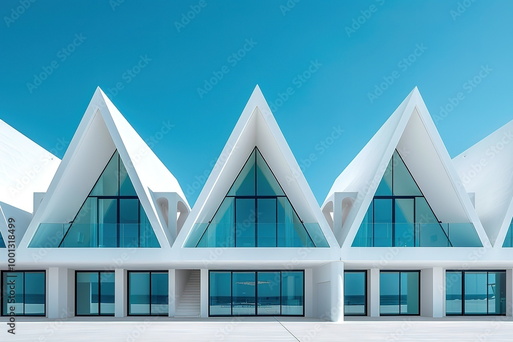 Poster the three white buildings are triangular in shape and have large windows