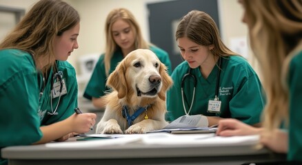 A group of students in green scrubs and white coats, studying pet health information on the table next to them, is an anthropomorphic dog wearing medical attire