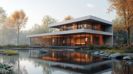 Modern house with large windows by a serene pond in autumn.