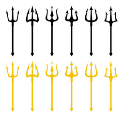 Trident vector icon set in black and yellow color. Set of black and yellow silhouettes of trident on a white background. Neptune trident. Design element for logo, label, sign, poster. Vector icon.
