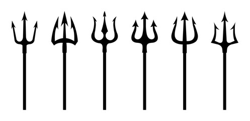 Trident vector icon set. Set of black silhouettes of trident on a white background. Neptune trident. Design element for logo, label, sign, poster. Vector illustration.