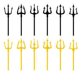 Trident icon set in black and yellow color. Set of black and yellow silhouettes of trident on a white background. Neptune trident. Design element for logo, label, sign, poster. Vector illustration.