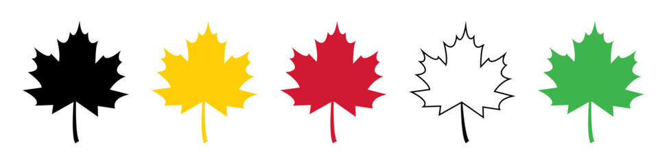 Set of flat maple leaf shape icons isolated on white background vector illustration. Canadian maple leaf icon set in different color. Forest and wood signs symbol.
