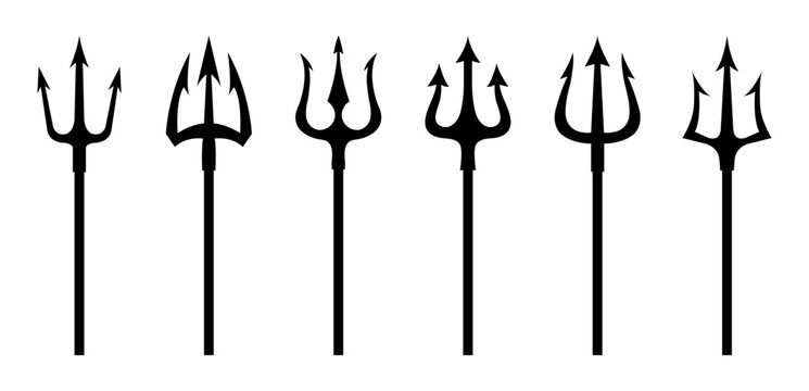 Trident vector icon set. Set of black silhouettes of trident on a white background. Neptune trident. Design element for logo, label, sign, poster. Vector illustration.