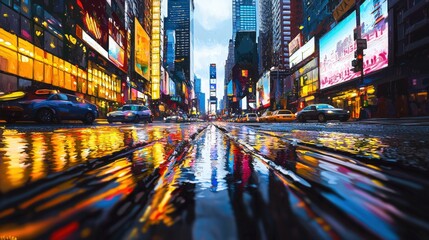 Obraz premium Vibrant city streets illuminated by neon lights after a rain in Times Square at dusk