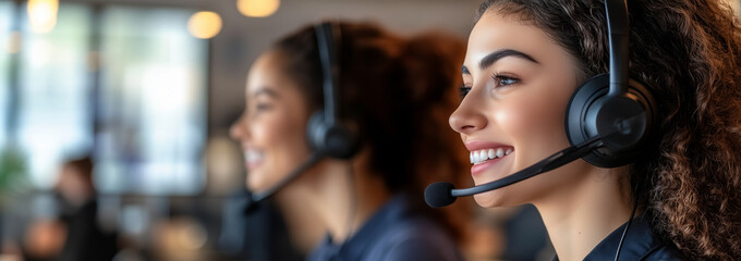 Smiling Call Center Agents with Headsets Providing Customer Support