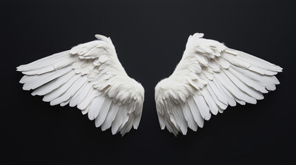 Realistic white angel wings isolated on solid black background
