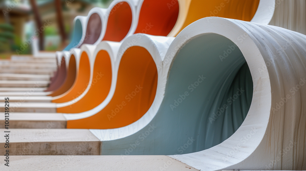 Poster colorful abstract wave-like sculpture with curved forms..