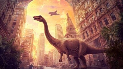 A colossal dinosaur roams the bustling urban landscape at sunset in a surreal cityscape