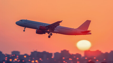 Fototapeta premium Airplane taking off at sunset with city skyline in background