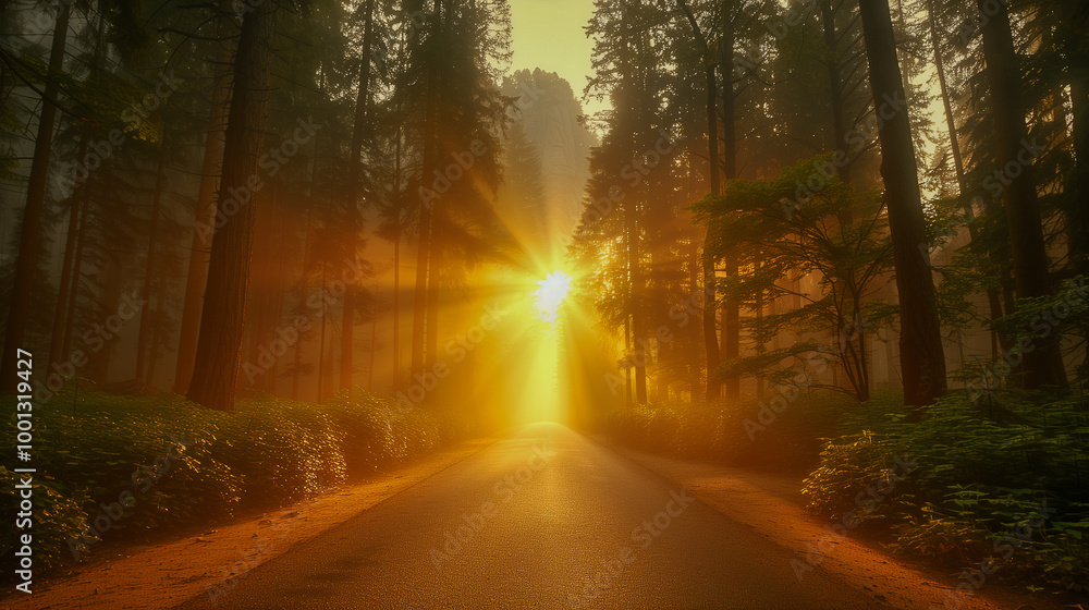 Poster sunlight breaking through forest trees on a misty path..