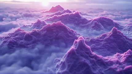 Selbstklebende Fototapeten Surreal purple landscape of misty mountains at sunrise.. © xeionise