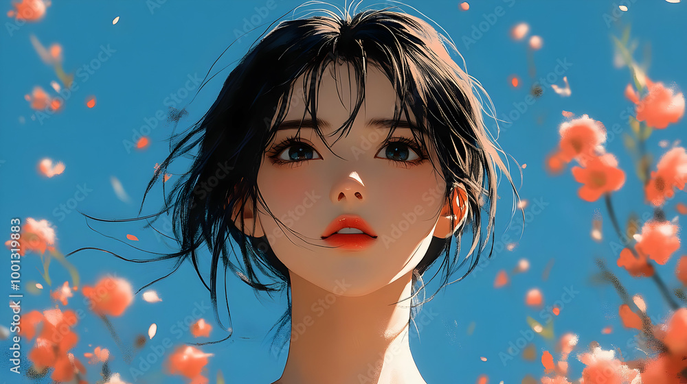 Wall mural Anime Girl with Pink Blossoms in the Wind