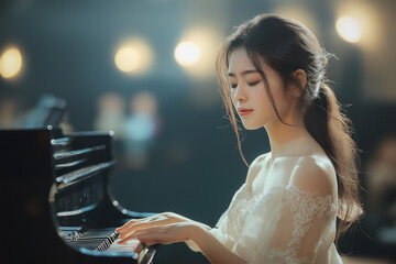 Asian Woman in White Dress Playing Piano