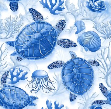 Light blue and white sea life  seamless pattern