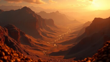 Naklejka premium Generative AI, a view of a valley with a river running through it at sunset or sunrise or sunset time, with a few clouds, unreal 5, a matte painting, photorealism 