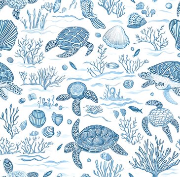 Light blue and white sea life  seamless pattern