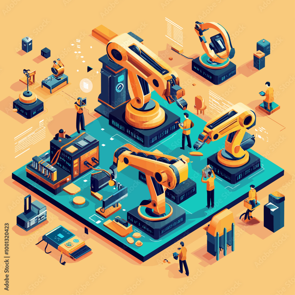 Aufkleber collaborative robots teamwork automation isometric illustration