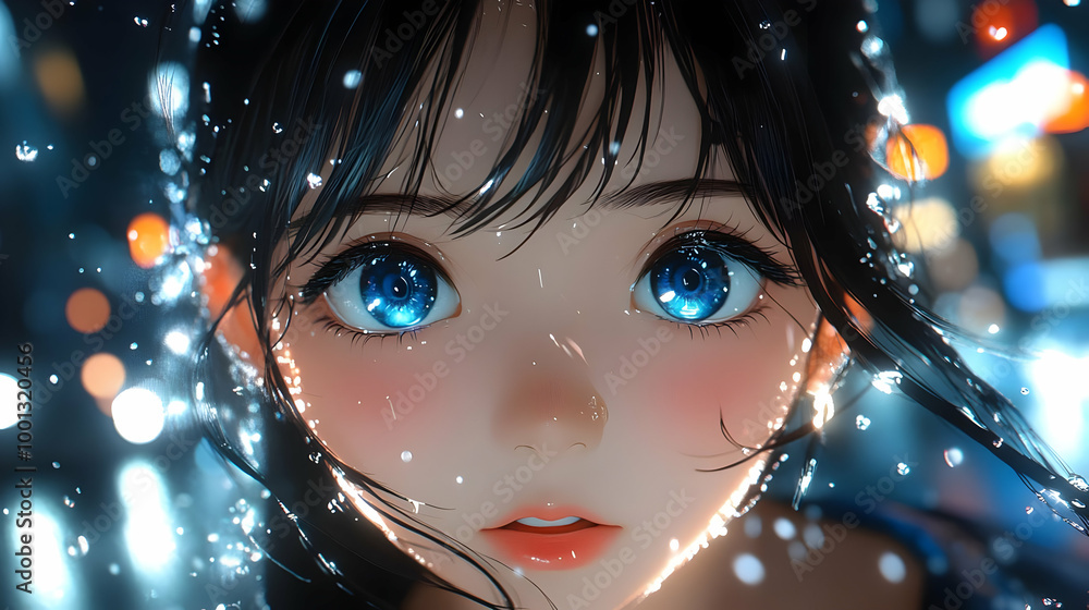 Wall mural Anime Girl with Blue Eyes in the Rain