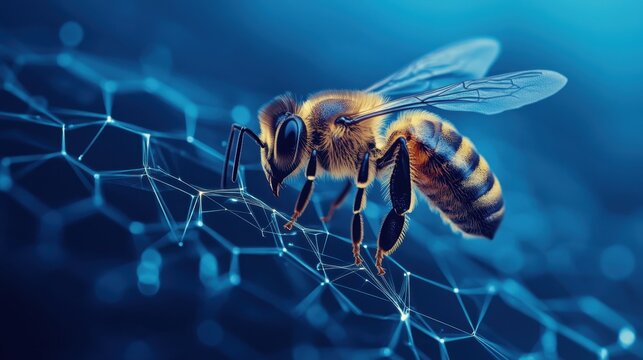 A geometric wireframe honeycomb design with a buzzing bee overlays a sleek blue background, merging technological precision with natural beauty.