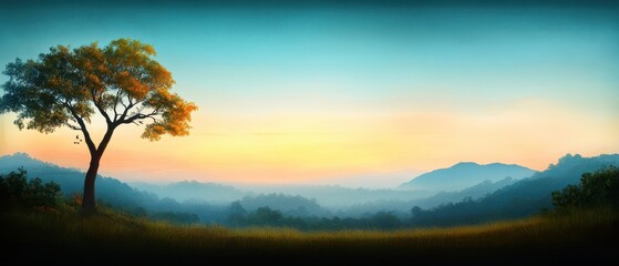 Fototapeta premium Peaceful Sunset Landscape with Majestic Tree and Mountain Range.