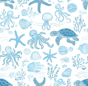 Light blue and white sea life  seamless pattern